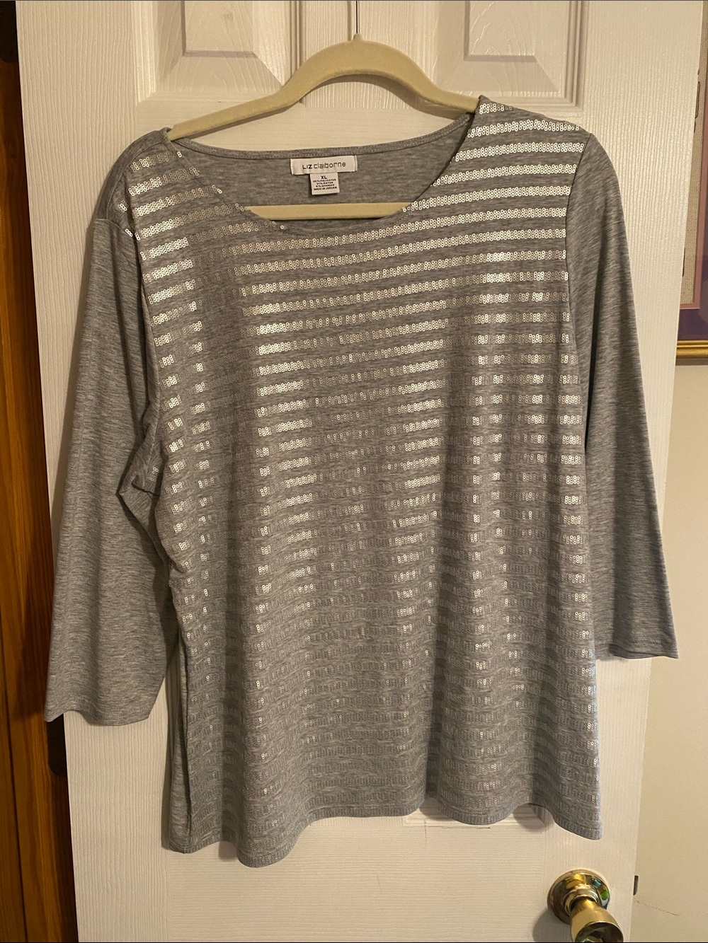 Liz Claiborne Gray Top with Silver Metallic Stripes